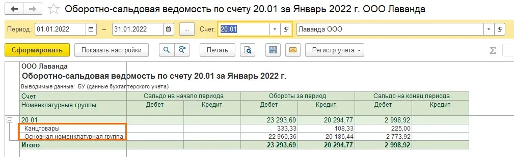 ОСВ по счёту 20.01: затраты по двум номенклатурным группам и сальдо на конец периода 2 998,92